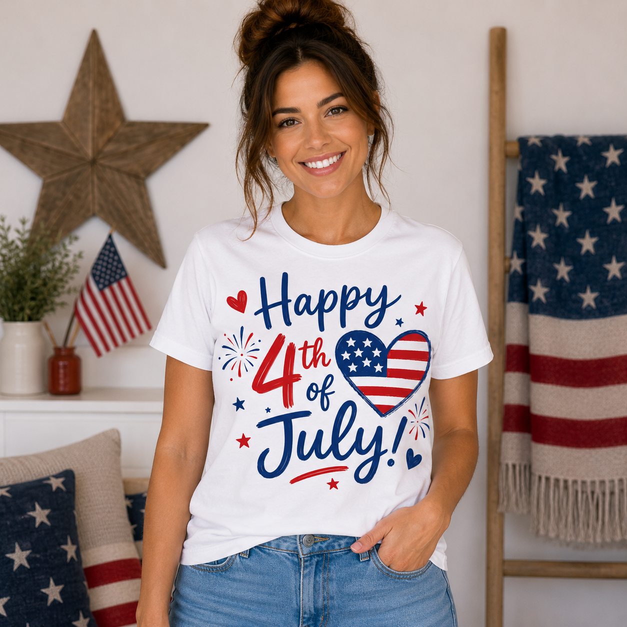 Happy 4th of July Heart T-Shirt | Patriotic American Flag Heart Graphic Tee