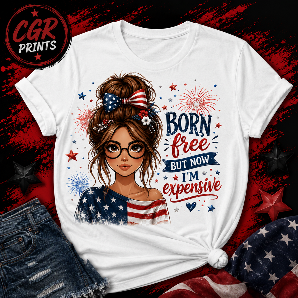 Patriotic Messy Bun Girl T-Shirt | American Flag Bow & Fireworks | Fourth of July Graphic Tee