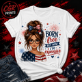 Patriotic Messy Bun Girl T-Shirt | American Flag Bow & Fireworks | Fourth of July Graphic Tee