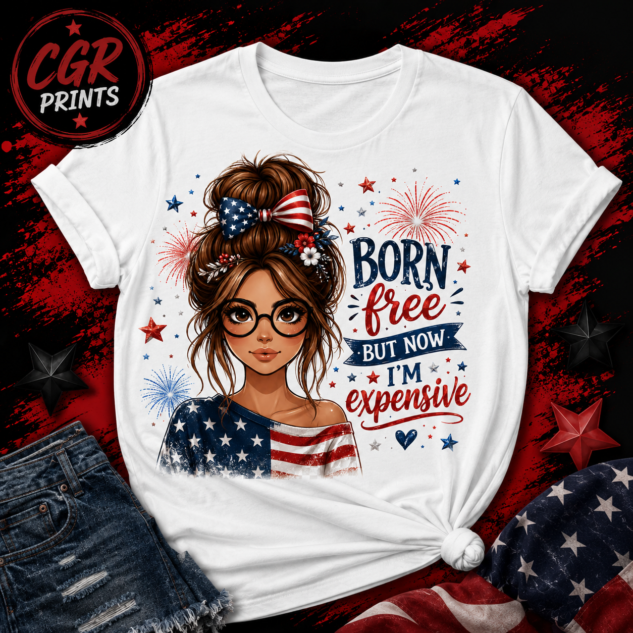 Patriotic Messy Bun Girl T-Shirt | American Flag Bow & Fireworks | Fourth of July Graphic Tee