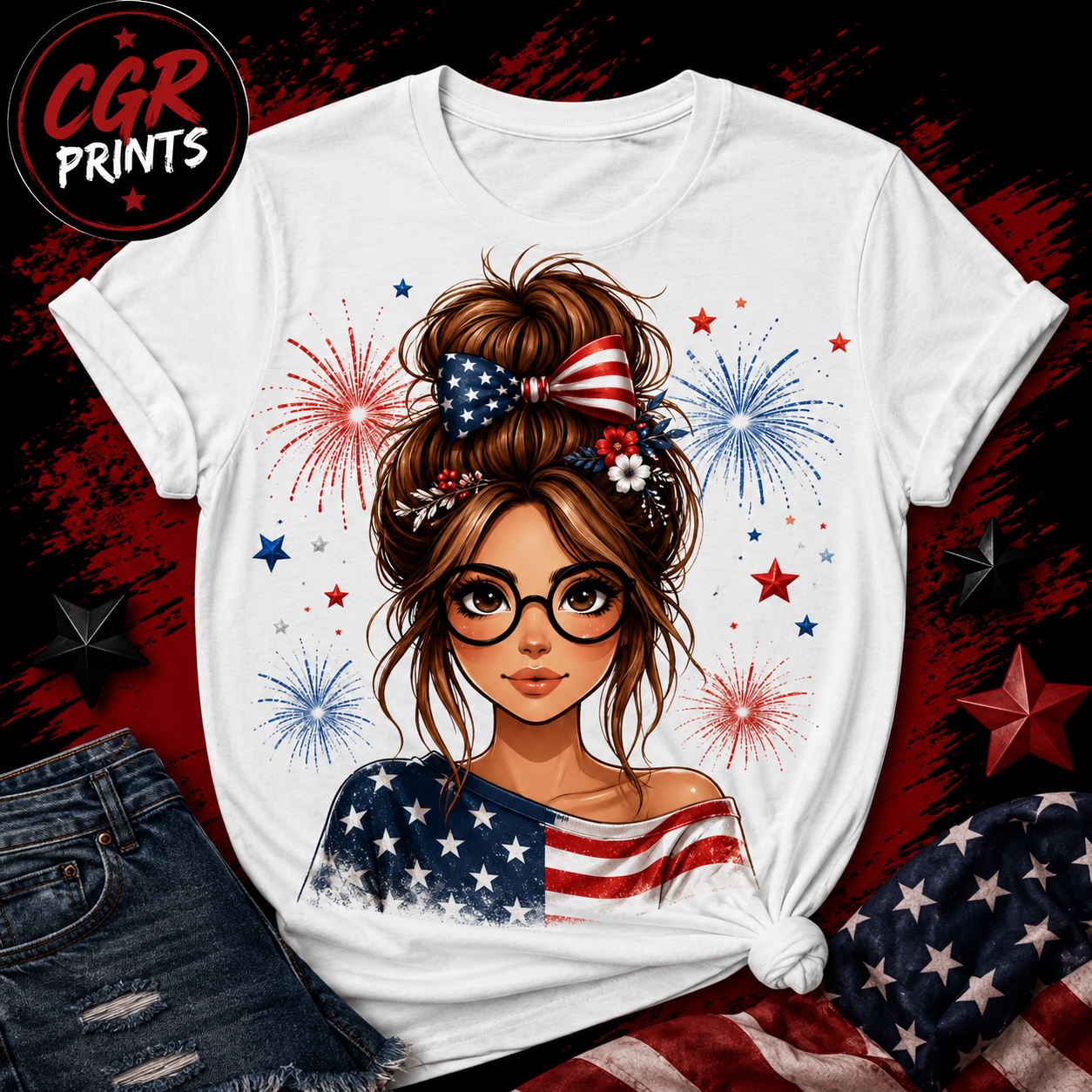 Patriotic Messy Bun Girl T-Shirt | American Flag Bow & Fireworks | Fourth of July Graphic Tee