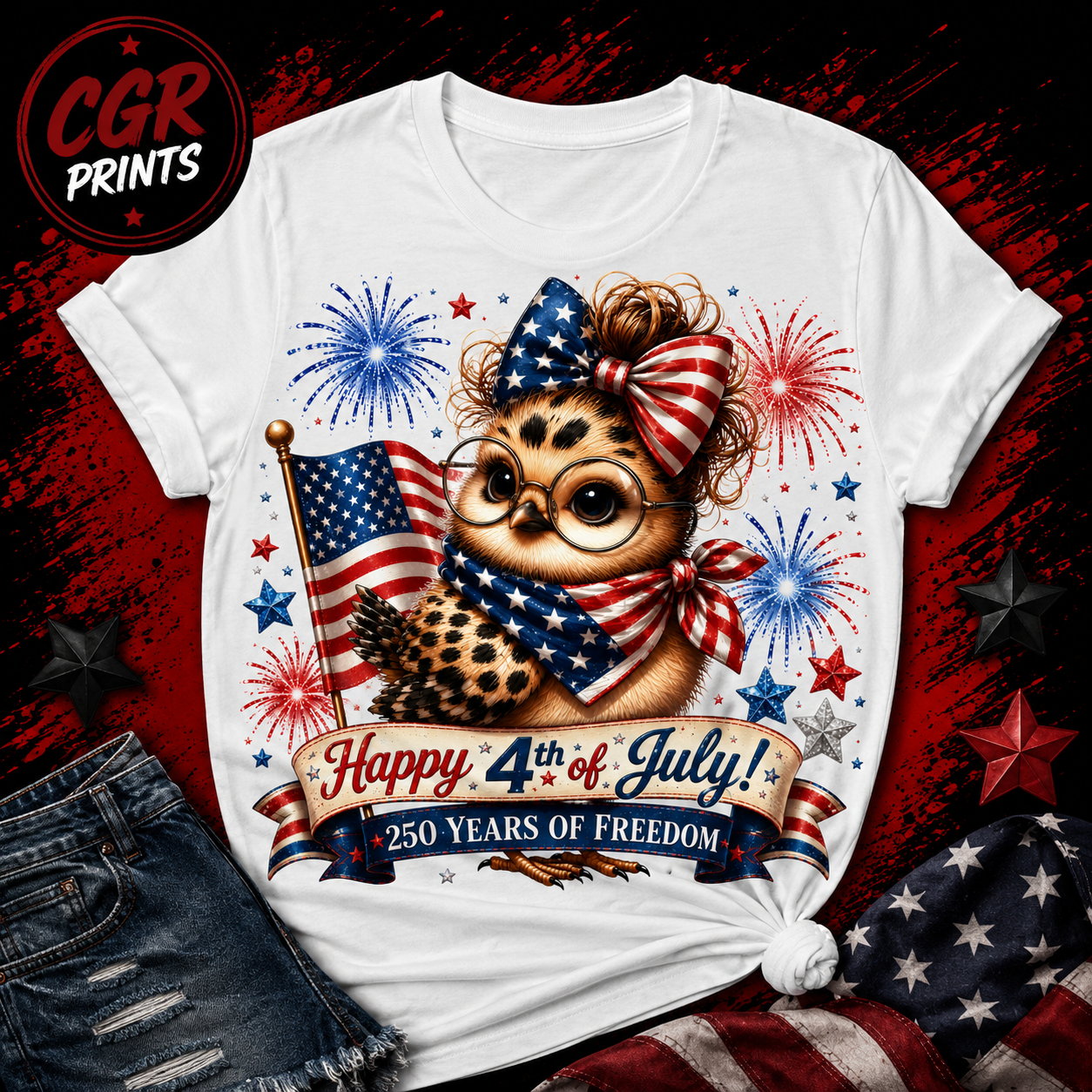 Cute Patriotic Owl T-Shirt | Happy 4th of July | 250 Years of Freedom | Independence Day Owl Tee