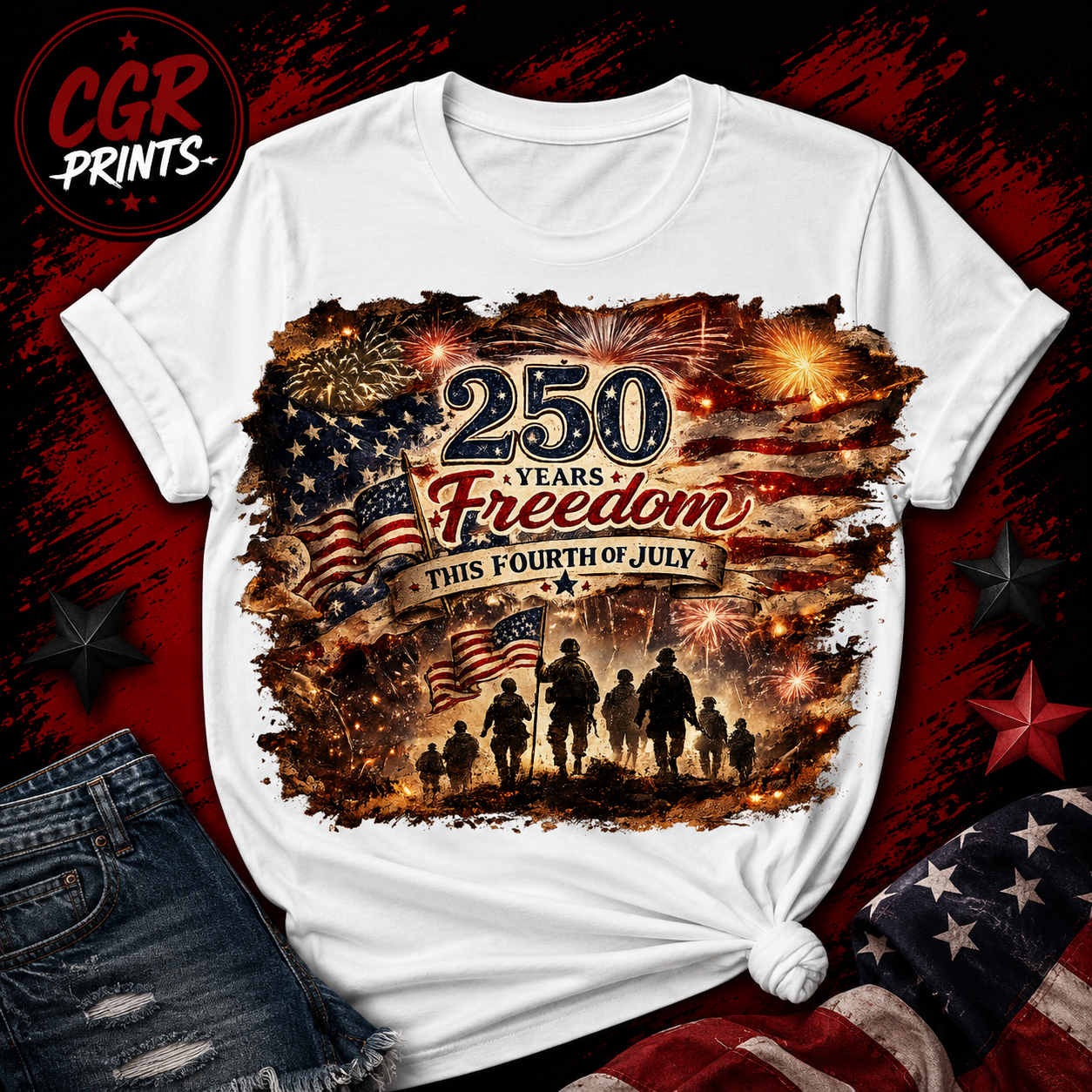 250 Years of Freedom Patriotic Veteran T-Shirt | Fourth of July 2026 | American Flag & Fireworks Independence Day Tee