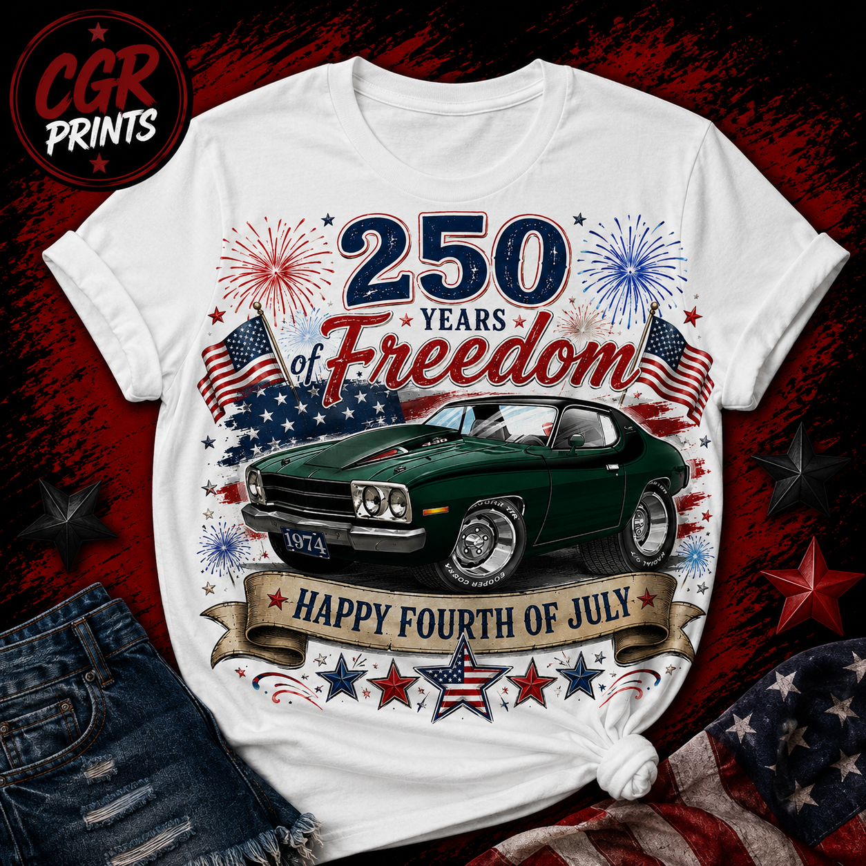 250 Years of Freedom Classic Muscle Car Patriotic T-Shirt | Happy Fourth of July | 1776–2026 Independence Day Tee