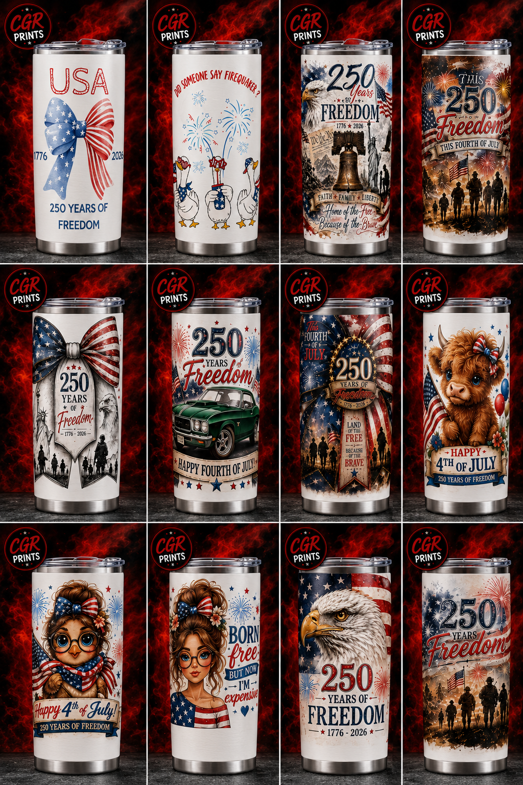 Patriotic 20 oz Tumbler Collection | 250 Years of Freedom Series | Fourth of July Stainless Steel Tumblers