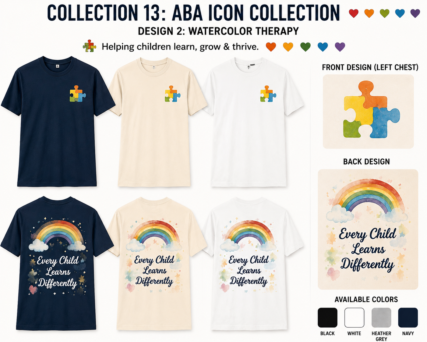 ABA Watercolor Therapy Collection – Every Child Learns Differently Autism Awareness Shirt | BCBA, RBT, ABA Therapist, Teacher & Special Education Tee