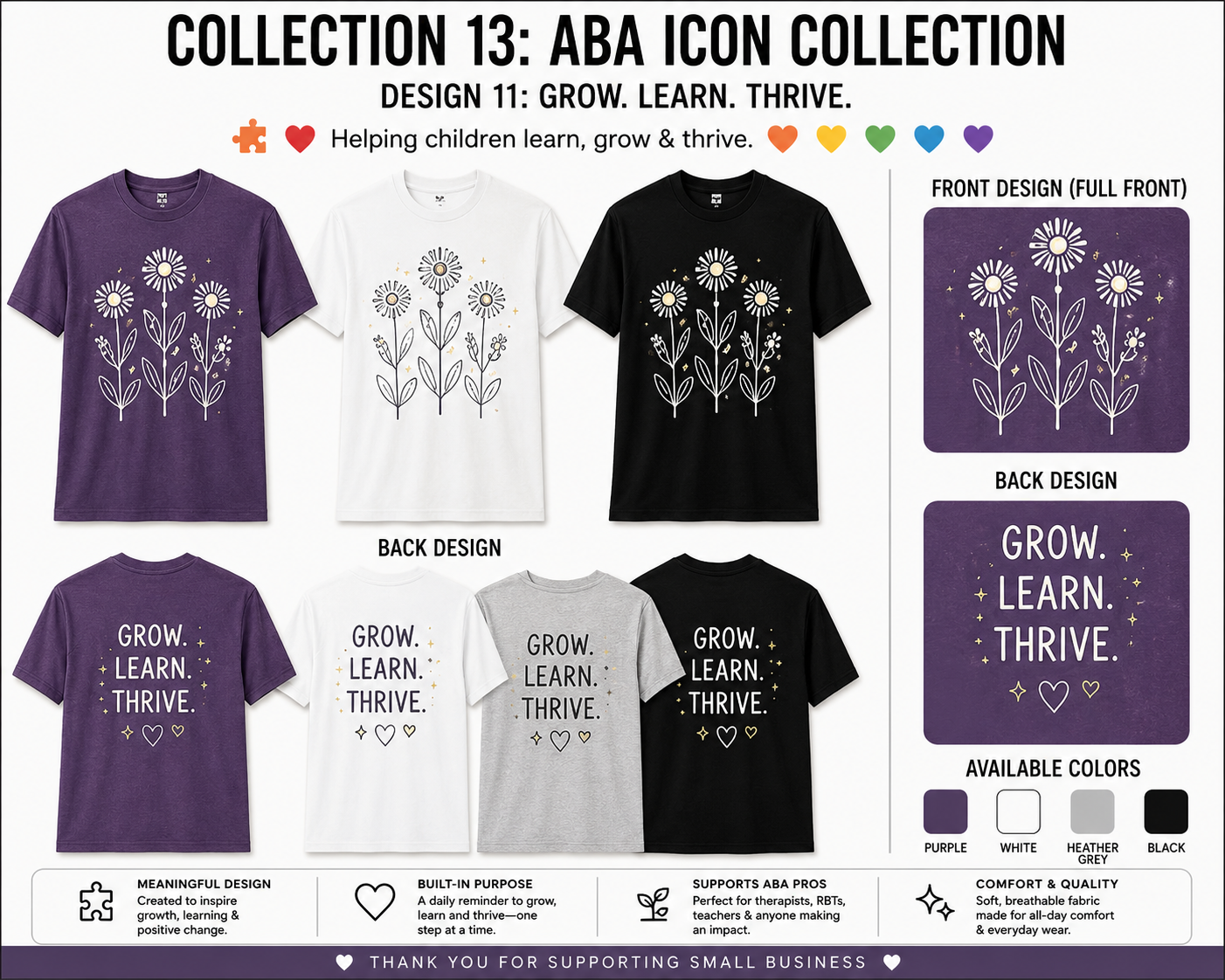 ABA Grow. Learn. Thrive. Shirt – Floral Autism Awareness Tee | BCBA, RBT, ABA Therapist, Teacher & Special Education Shirt